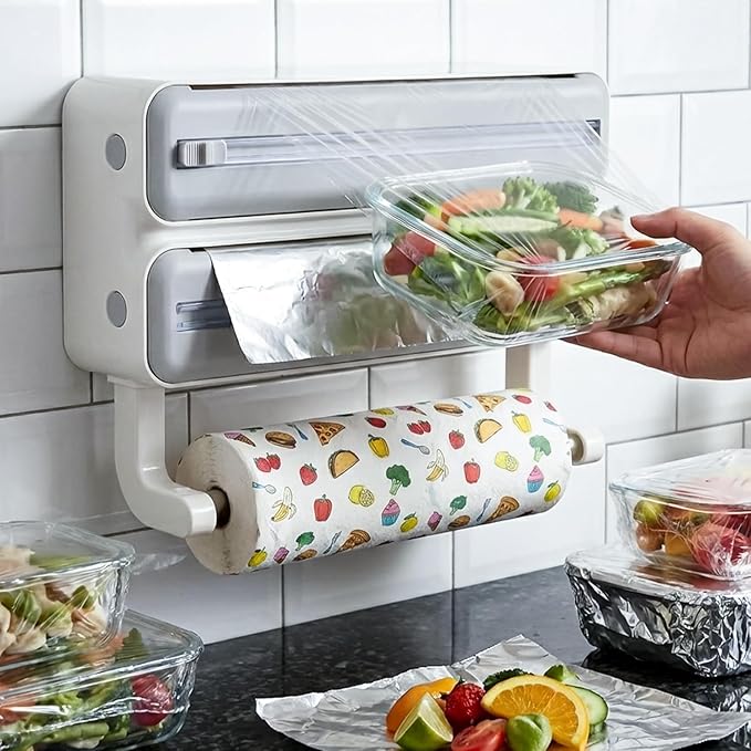 3 in 1 Kitchen Wrap Dispenser with Foil Cutter and Paper Towel Holder
